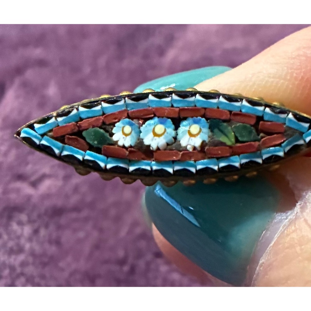 Vintage Italian Micro Mosaic Floral Brooch Marquise Blue White Forget Me Not Pin